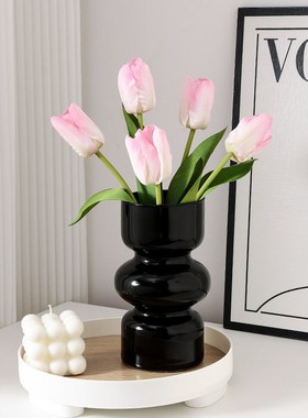 高级感简约黑色玻璃花瓶办公桌客厅水养鲜花茶几餐桌插花装饰摆件