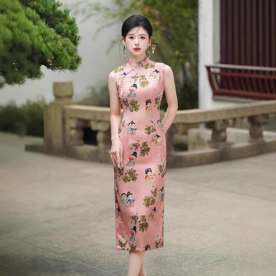 2025新款小唐人夏季新款无袖黄色仕女图显白温柔可爱气质旗袍日常