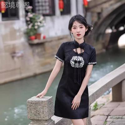 2025新款黑色良旗袍改年轻日款女新中式连衣裙夏季常可穿小个子少