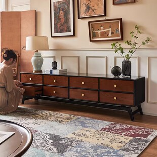 复古实木电视柜家用客厅收纳储物柜中古风落地抽屉柜 梵熙法式