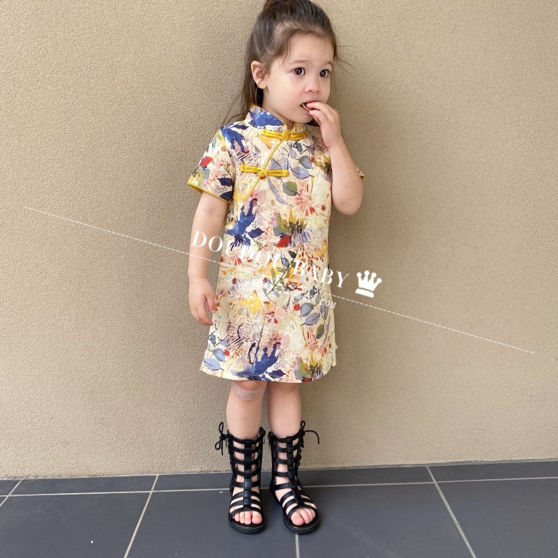 女童旗袍裙子2021夏季小女孩纯棉旗袍碎花中国风复古宝宝连衣裙