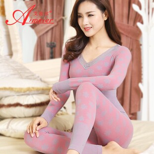 全棉打底衬衣衬裤 保暖内衣女套装 蕾丝V领无缝塑身美体秋衣秋裤