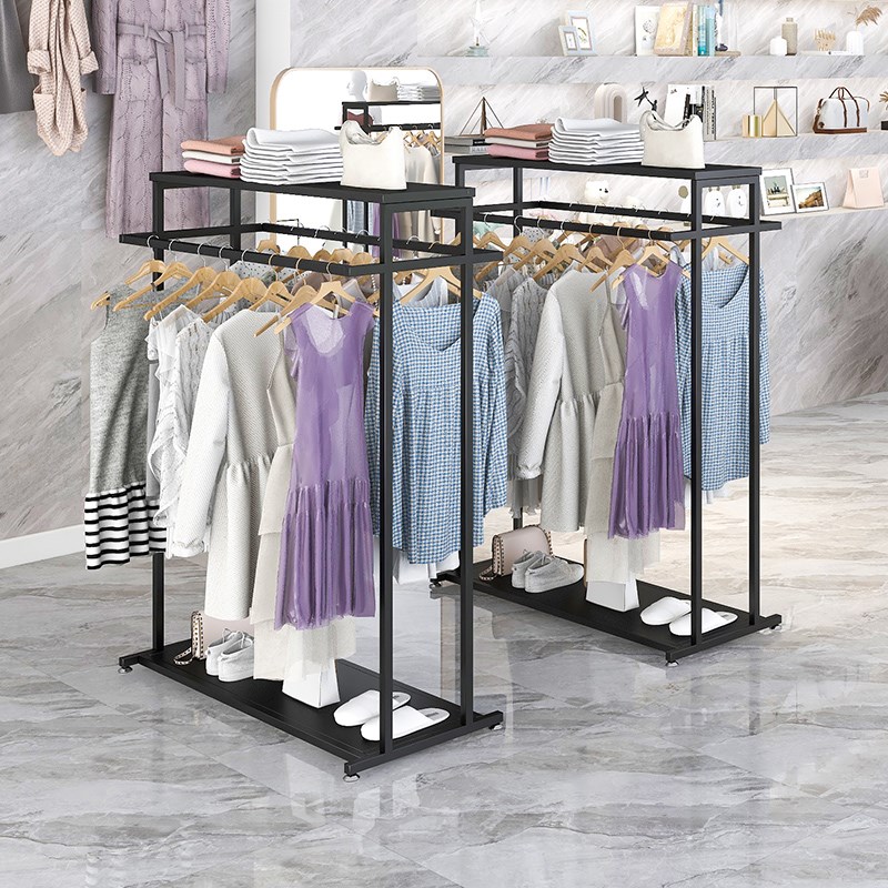 服装店双杠中岛衣架展示架落地简约男女装双排中间货架挂衣服架子