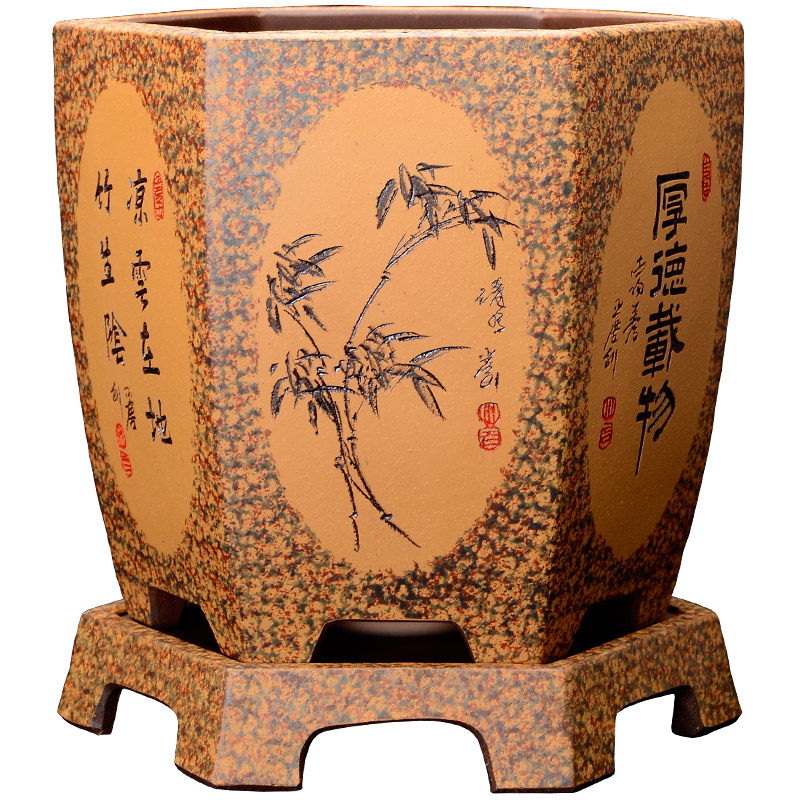 紫砂花盆宜兴盆景盆栽家用带托盘六方大号室内兰花专用君子兰花盆