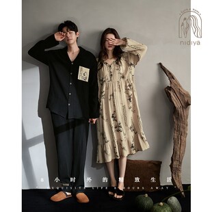 家居服套装 妮狄娅秋季 春秋季 款 情侣睡衣女纯棉纱布国风长裙男开衫