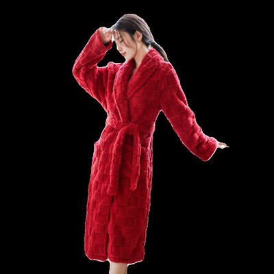 睡袍女秋冬季加长款舒棉绒红色加厚两件套睡衣男珊瑚绒浴袍加裤子