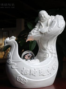 陶瓷招财弥勒流水雾化空气加湿滚珠白瓷弥勒家居办公装饰摆件