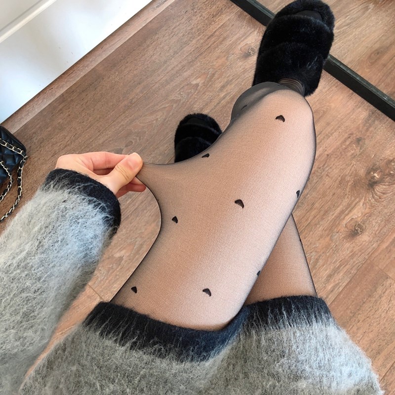 JK黑色波点丝袜女秋冬加绒加厚黑丝光腿神器假透肉打底裤袜连裤袜