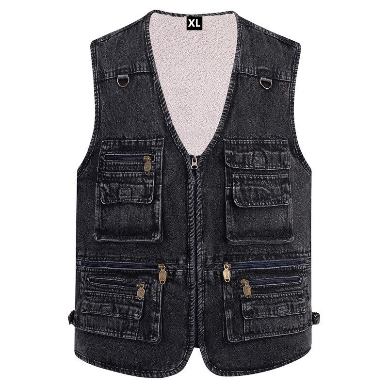 男士牛仔棉马甲纯棉加绒加厚保暖户外多口袋马夹棉背心毛马夹7XL