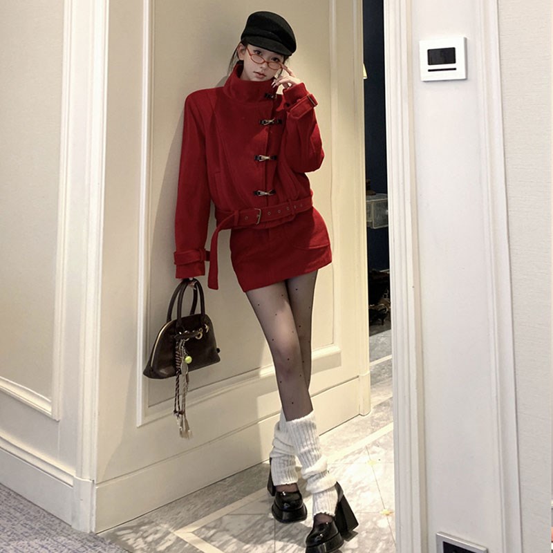 千金缔造者秋冬季新品毛呢加厚立领短外套半身短裙气质时尚两件套