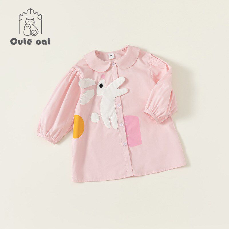 女童纯棉春秋装宝宝粉红色兔子翻领中长款衬衫儿童长袖连衣裙娃娃