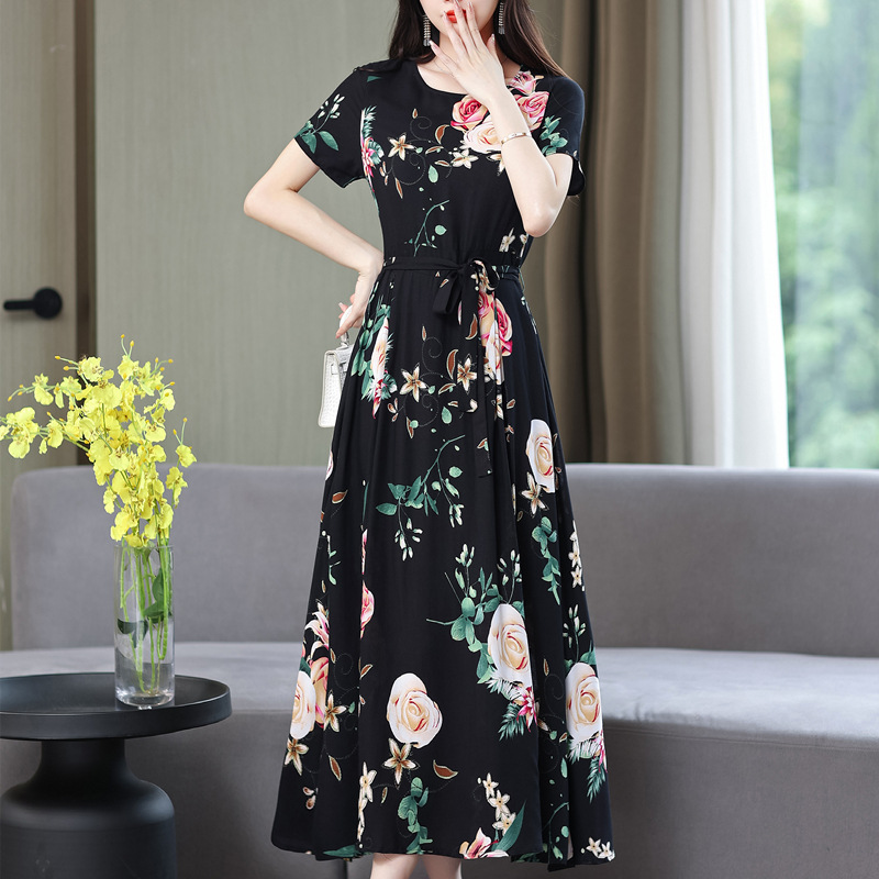 妈妈装夏装棉绸连衣裙大码显瘦中老年女装中长款碎花过膝绵绸长裙