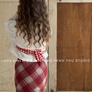 女童加绒卫衣半裙套装秋冬装女宝蝴蝶结套头上衣格子裙夹棉两件套