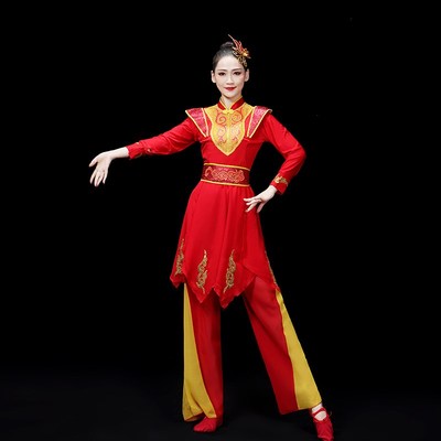 新款打鼓演出服装女红色战鼓威风锣鼓表演服中老年腰鼓民族秧歌舞