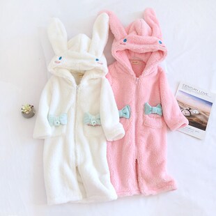 儿童冬季加厚法兰绒长毛绒连帽兔子拉链睡袍可爱女童亲子装家居袍