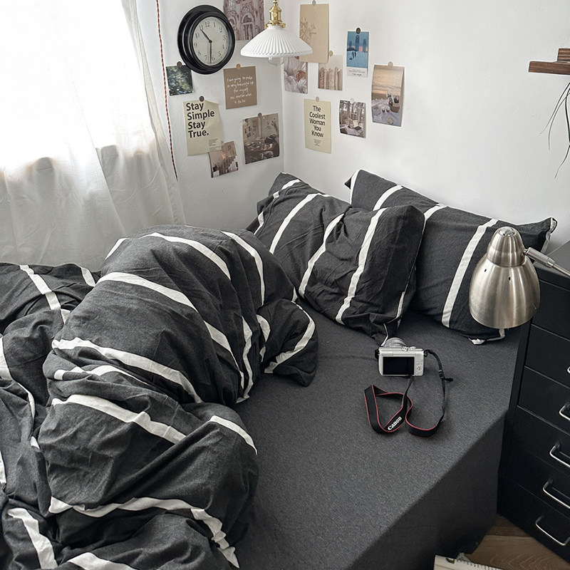 黑白简约条纹全棉纯棉床上四件套针织棉天竺棉裸睡床单被套床品