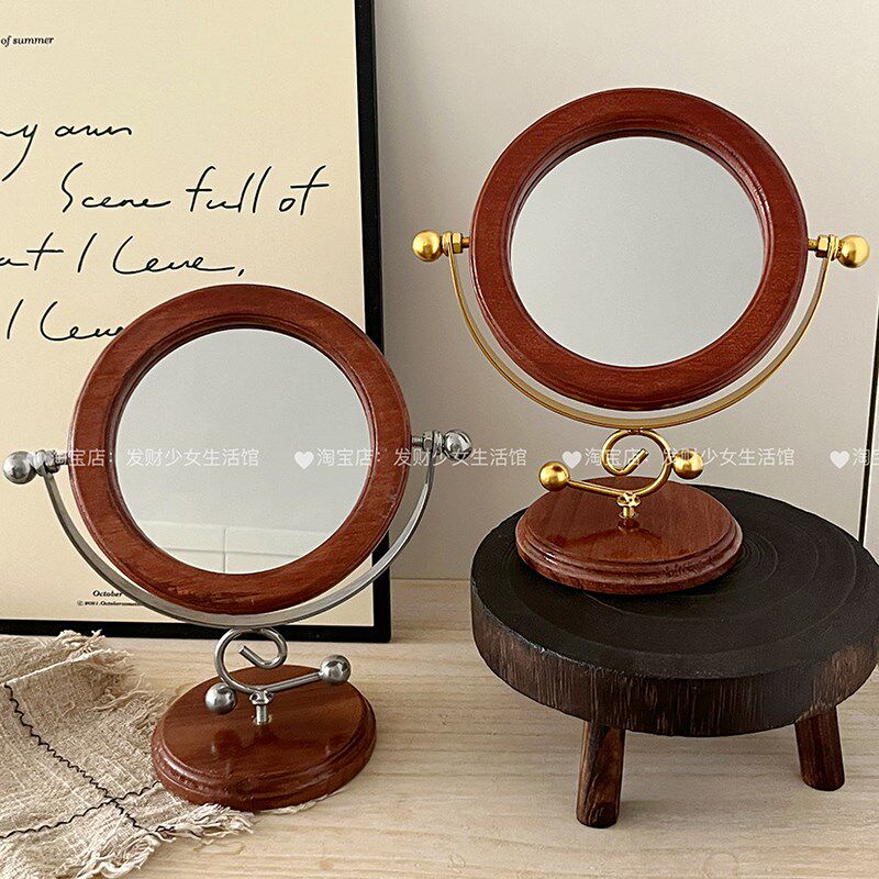 镜子化妆镜桌面台式复古实木装饰摆件宿舍书桌台式梳妆镜旋转圆镜