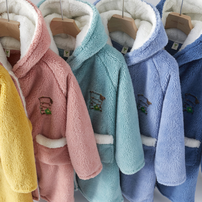 儿童睡袍男孩珊瑚绒冬季卡通男宝加绒加厚款睡衣保暖套装女童浴袍