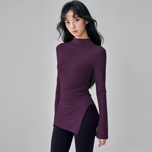 辣妹女孩半高领遮臀瑜伽服紧身运动喇叭罩衫普拉提训练长袖上衣女