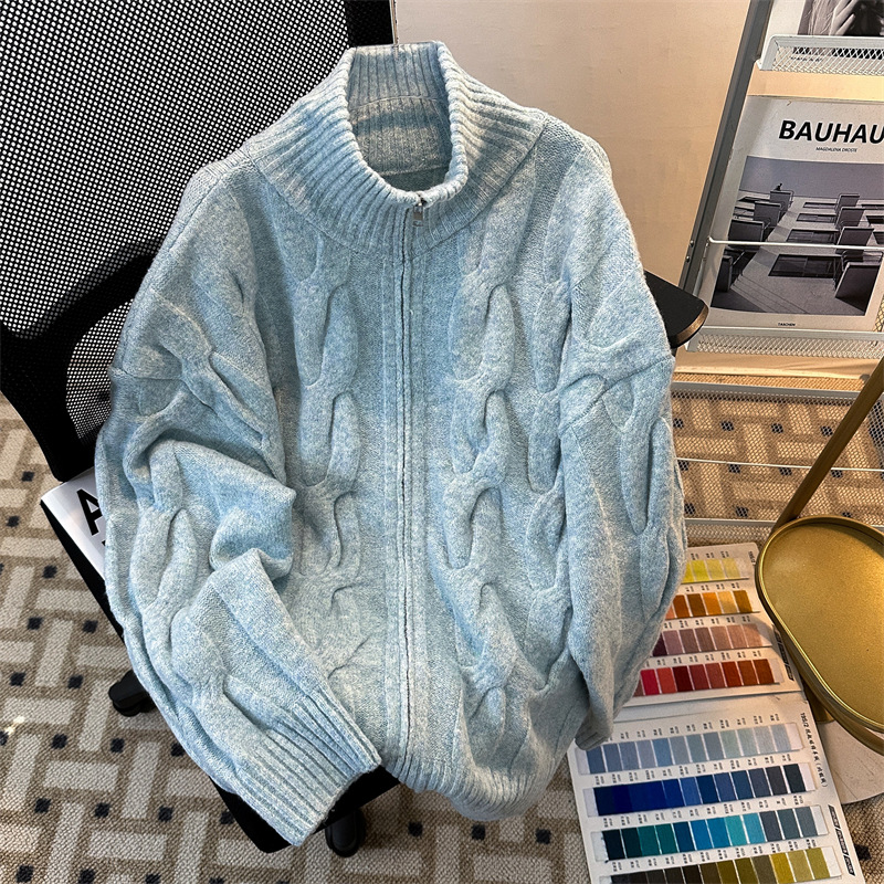 秋冬季新款慵懒风立领麻花毛衣外套男宽松百搭针织开衫青少年上衣