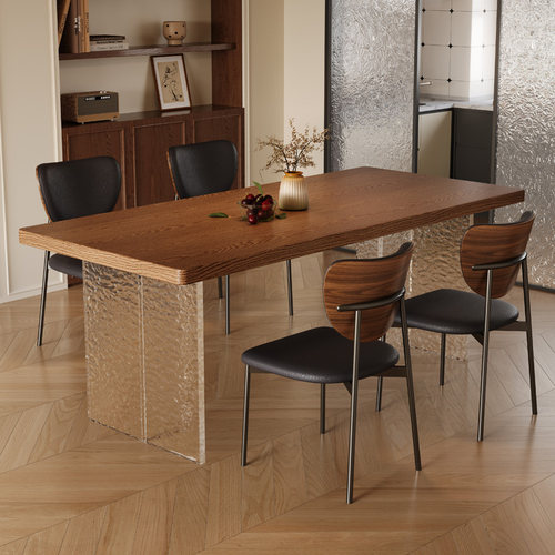 法式中古风亚克力实木餐桌椅组合小户型客厅家用复古风长方形桌子