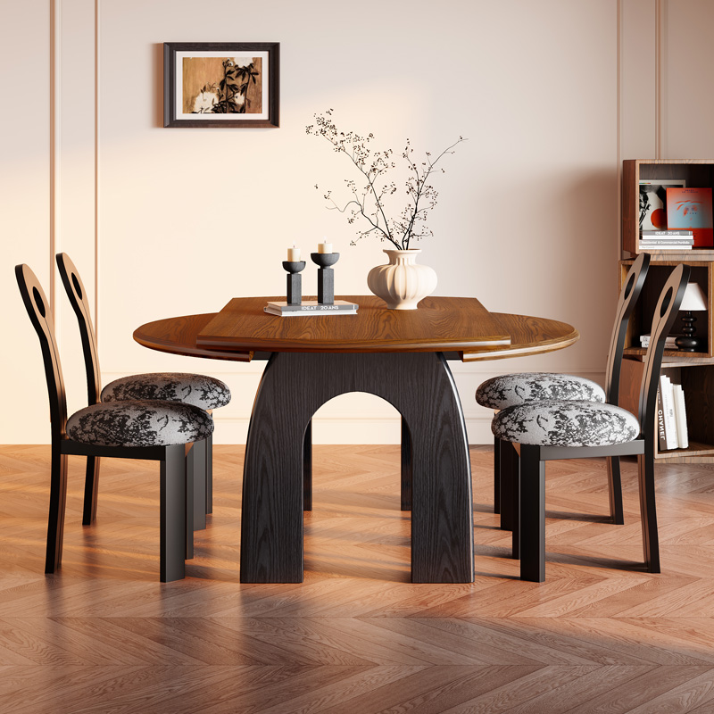 法式中古实木餐桌可伸缩现代简约方圆两用家用小户型折叠可变圆桌