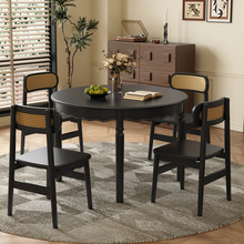 法式复古风黑色实木圆形餐桌椅组合家用小户型轻奢北欧中古风圆桌