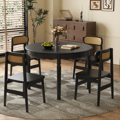 法式复古风黑色实木圆形餐桌椅组合家用小户型轻奢北欧中古风圆桌