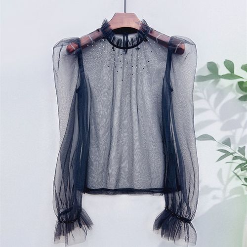 Annabess蕾丝网纱打底衫女2024秋季款花边半高领薄款内搭长袖上衣