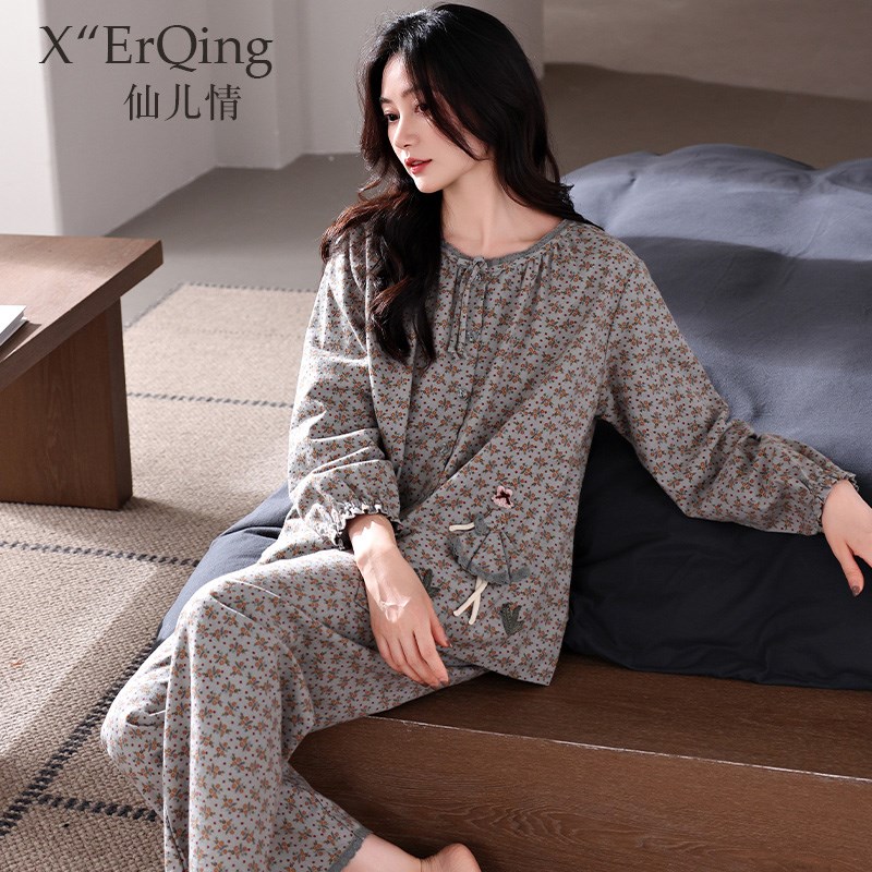 春秋季睡衣女秋天薄款纯棉长袖全棉中老年妈妈大码开衫家居服套装