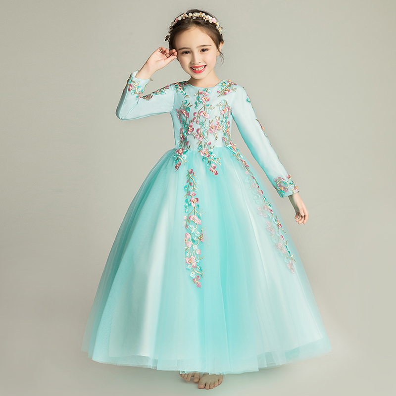 儿童晚礼服公主裙女童婚纱裙长袖加绒加厚花童长裙钢琴演出服洋气