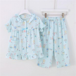 夏天可爱公主纱布短袖七分裤空调房家居服套装女童睡衣薄款夏纯棉