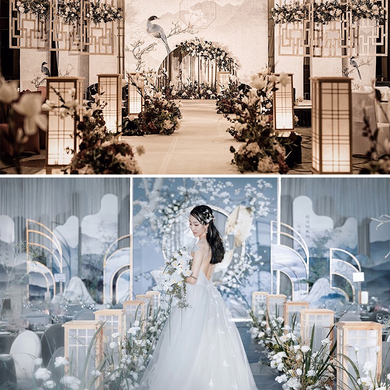 新中式宫灯婚庆路引原木灯光方柱婚礼舞台布置道具装饰摆件