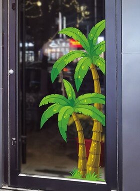 椰树玻璃贴纸春天主题布置春日商场酒店暑假棕榈树绿叶展厅贴窗花