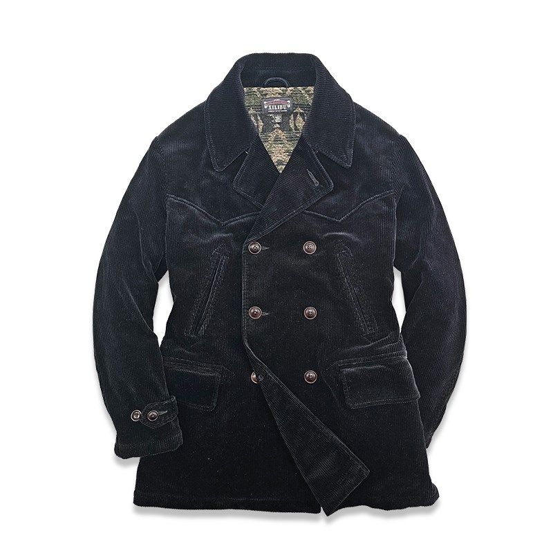 西里布黑色灯芯绒双排扣西服大衣男款复古重磅中长款冬季条绒外套