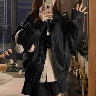 黑色复古皮衣女春秋新款 宽松高级设计感甜酷休闲机车夹克外套 美式