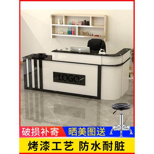 公司前台接待台吧台收银台转角教育培训机构半圆角烤漆简约现代