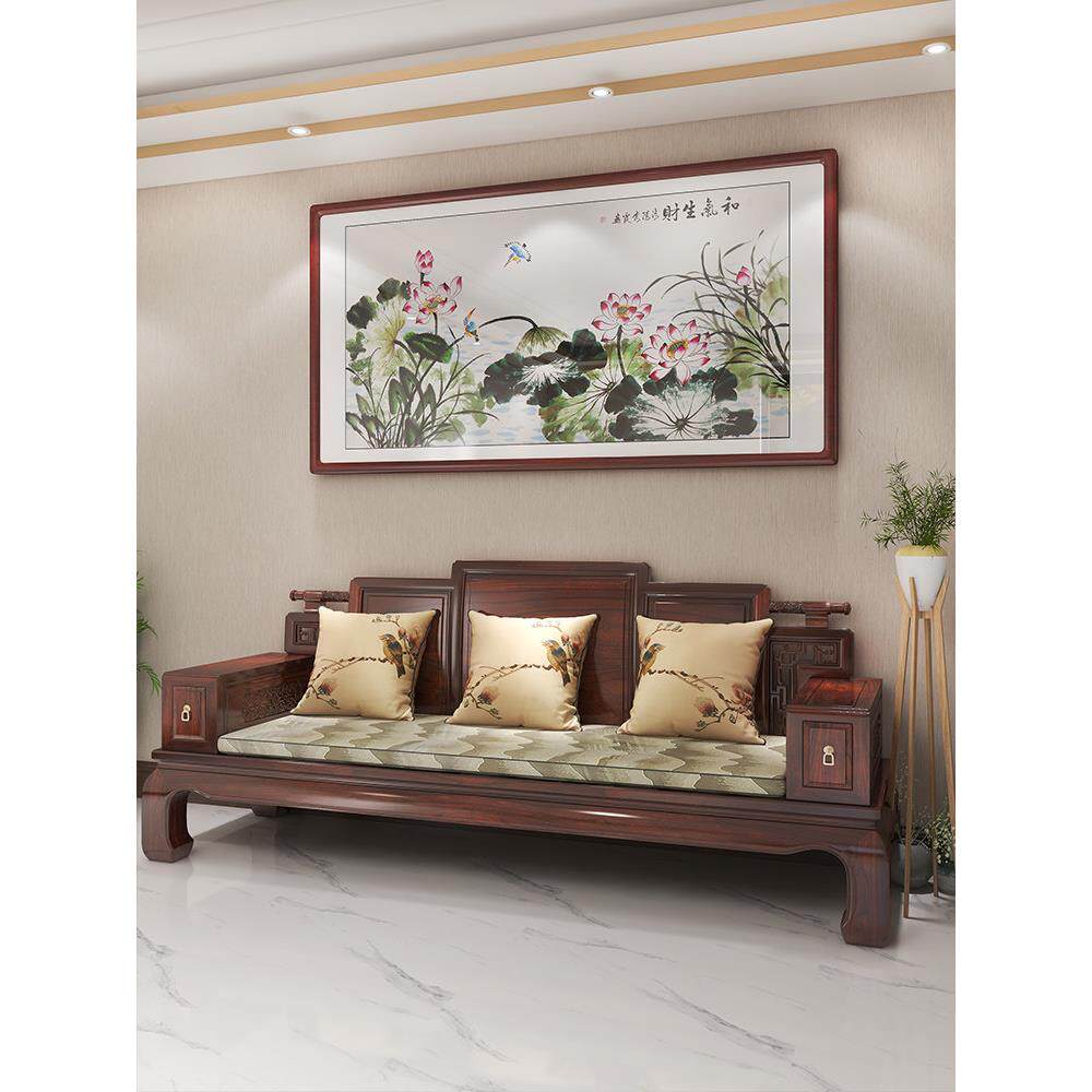 纯手绘荷花国画客厅沙发背景挂画别墅饭店包间水墨装饰画合家欢乐