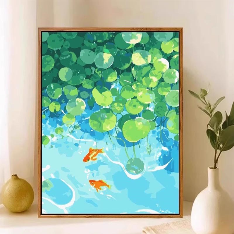 夏日荷花锦鲤数字油画diy填充填色手工绘睡莲风景丙烯油彩装饰画图片