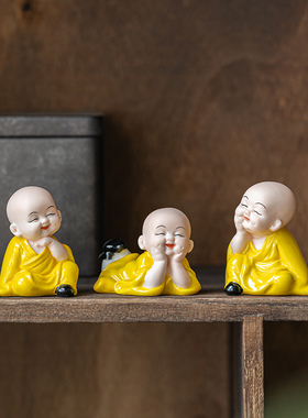 可爱陶瓷小和尚j禅意客厅桌面小摆件汽车车内装饰品园艺花盆摆设