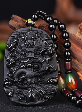 黑曜石吊坠龙牌情侣琉璃项链长款