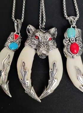 钛钢链男狼牙吊坠黑狗牙项链挂件