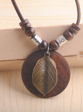 复古木质吊坠长款皮质项链挂件女