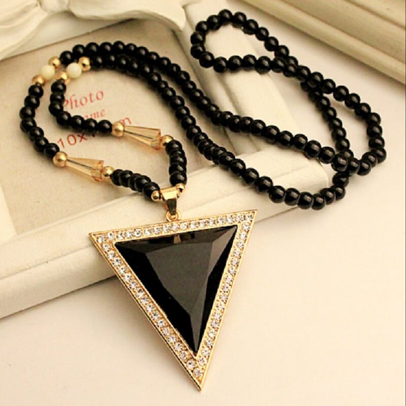 现货韩国长款毛衣链黑色三角形佛珠项链女衣服挂坠配饰挂件挂链