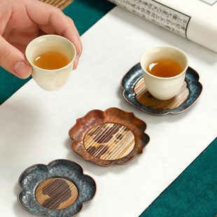 精品紫铜茶杯垫梅妃竹杯托功夫锤纹家用隔热垫功夫茶具配件茶托小