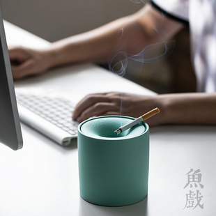 创意潮流时尚 烟灰缸大号家用客厅办公粗陶个性 带盖ins风防灰定制
