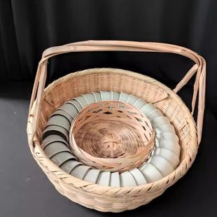 茶篮寺院禅堂竹编收纳手工篮子主人编织圆形藤编茶杯功夫提篮竹篮