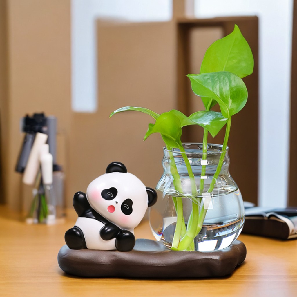 新款熊猫绿萝水培器皿装饰花瓶玻璃透明水养插花办公桌厅装饰摆件