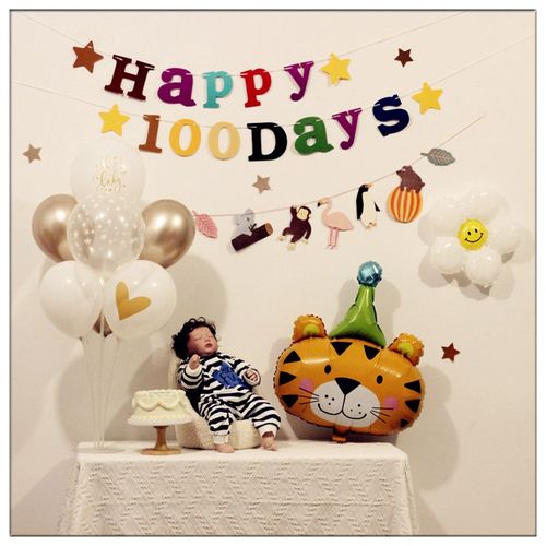 宝宝100天拉旗气球布置森系百日宴百天装饰布置拍照道具客厅装扮