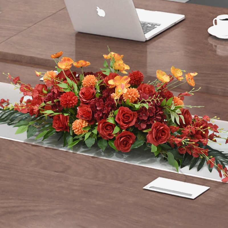 签约现场布置商务会议桌桌面摆花假花迎宾签到台台花装饰长桌桌花